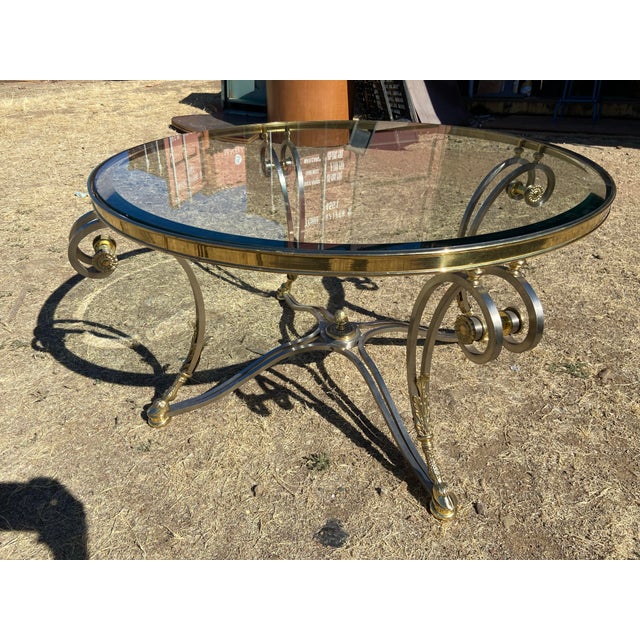 Hollywood Regency Vintage LaBarge Steel & Brass Hollywood Regency Maison Jansen Style Demi-Lune Table and Coffee Table Set of 2 For Sale - Image 3 of 12