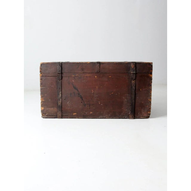 Brown Antique Flat Top Wooden Trunk For Sale - Image 8 of 13