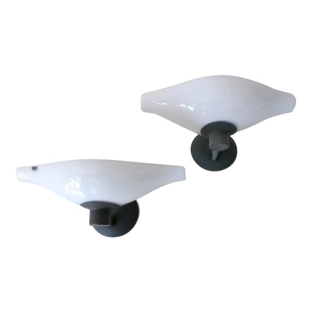 Pair of Glass and Black Metal Frame Sconces, 1980s For Sale