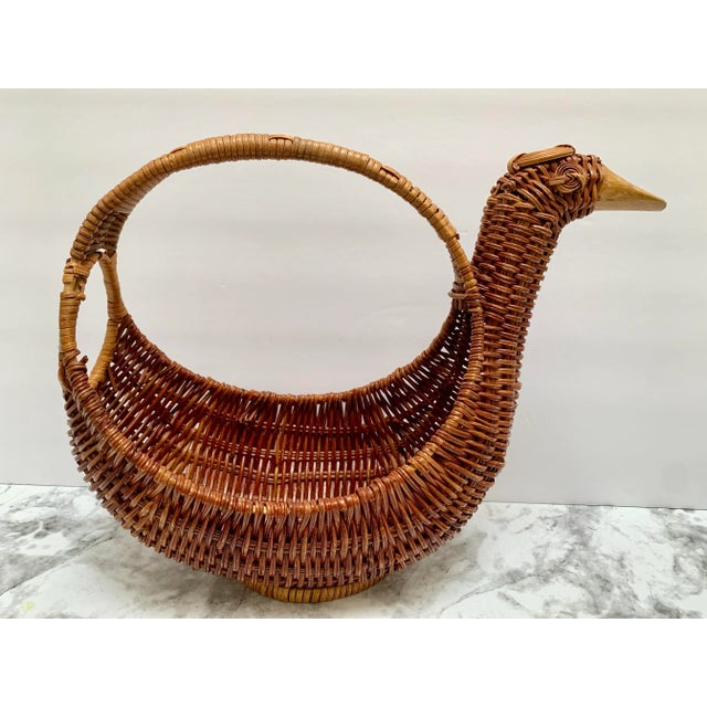 Wood Midcentury Asian Wood Wicker Duck Basket For Sale - Image 7 of 9