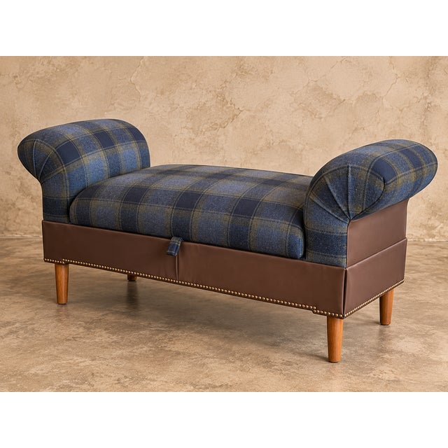 Textile Newly Upholstered English Plaid Storage Bench | Rolled Arms For Sale - Image 7 of 9