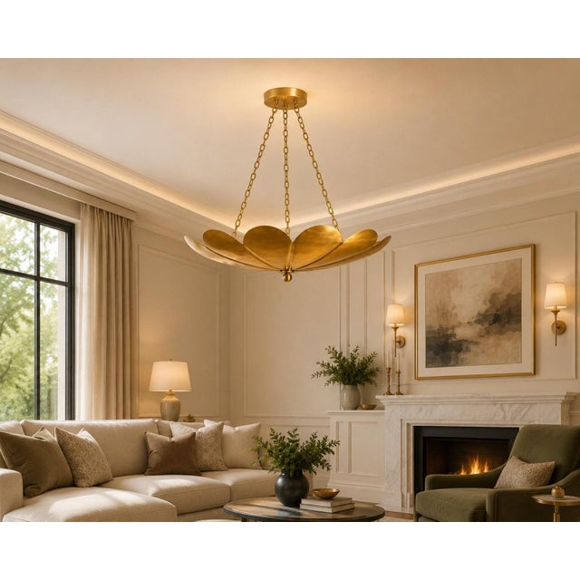 Contemporary Solid Brass Lotus Pendant Light With Sculptural Layered Petals and Elegant Chain Suspension For Sale - Image 3 of 7