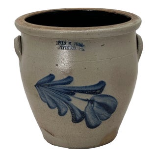 Rare Small 1 Gallon Size Antique Evan Jones Pittston Pennsylvania Blue Decorated Stoneware Cream Jar With Handles For Sale