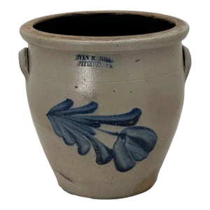 Rare Small 1 Gallon Size Antique Ivan Jones Pittston Pennsylvania Blue Decorated Stoneware Cream Jar With Handles