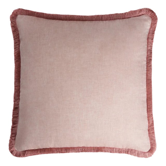 Light Pink with Light Pink Fringes Happy Linen Pillow by LO DECOR for Lorenza Briola For Sale