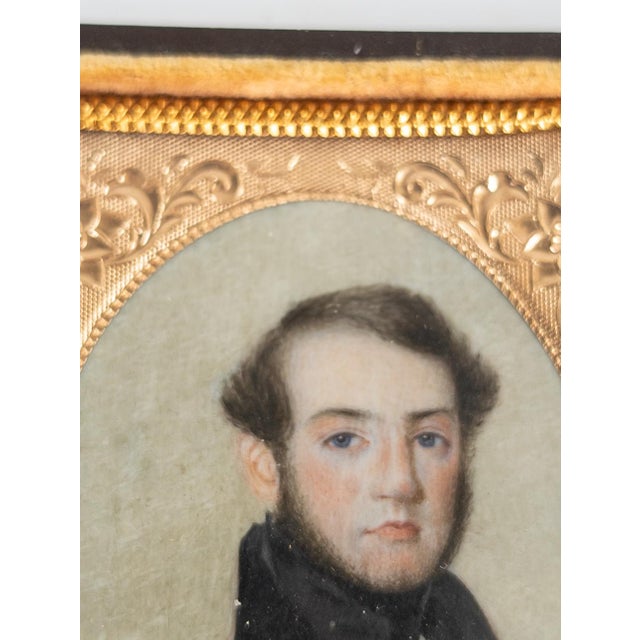 Gold 19th Century Fine American Miniature Watercolor Portrait of a Gentleman For Sale - Image 8 of 16