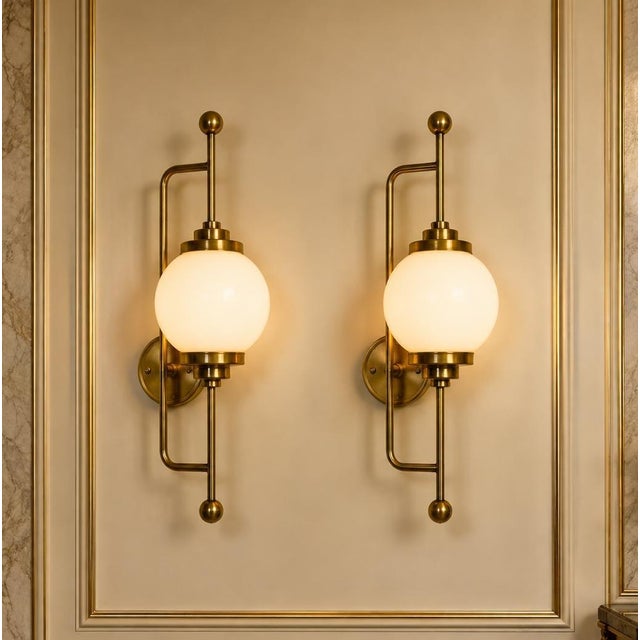 Pair Vintage Art deco light Old Lamp Wall Sconces Fixture Brass & Milk Glass Shade Ship Light Excellent Working Condition...