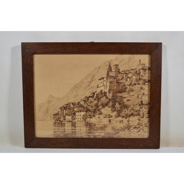 French school from the beginning of the 20th century. Ink drawing representing an ancient village on the edge of a lake...