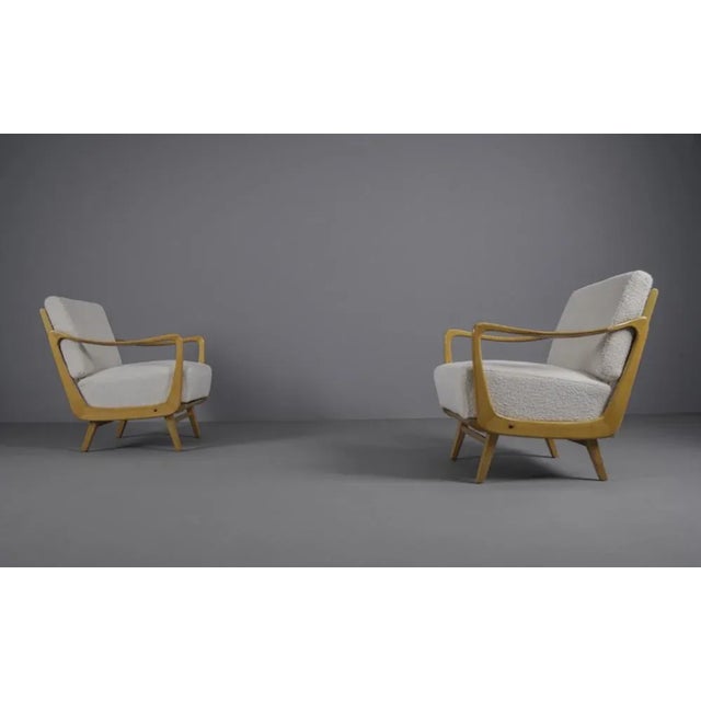 Set of White Boucle Fabric and Wooden Armchairs, 1950s For Sale - Image 4 of 10
