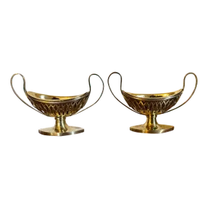 Antique Early 19th Century French Empire Urn Shape Silver Salt Cellars With Gold Vermeil - a Pair