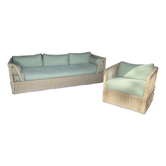 Authentic Vintage McGuire San Francisco Rattan Sofa & Matching Lounge Chair – Original Brass Tags For Sale