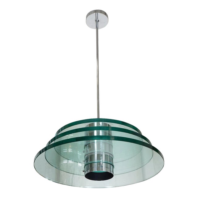 Vintage Space Age Polished Nickel and Glass Pendant For Sale