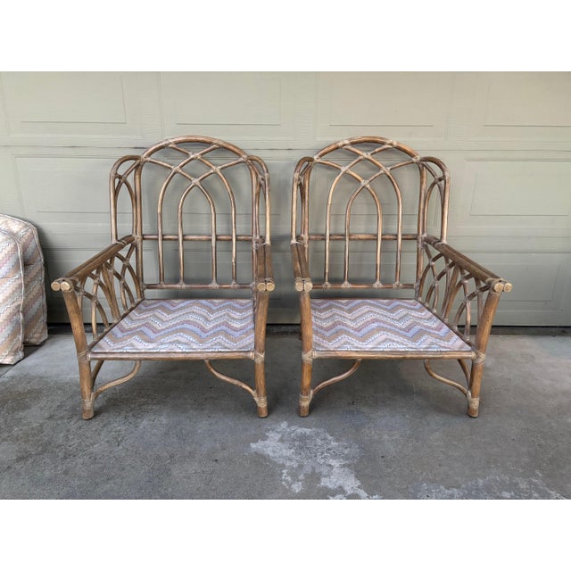 1980s McGuire Pickled Finish Rattan Wing Back Lounge Club Chairs a Pair For Sale - Image 5 of 12