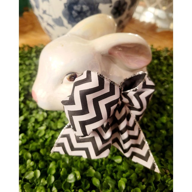1980s Vintage Ceramic Raised Floral Black White Bow Tie Bunny Rabbit Statue Room Decor For Sale - Image 5 of 9
