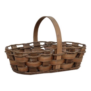 Handwoven Oval Splint Gathering Basket With Hard Wood Base For Sale
