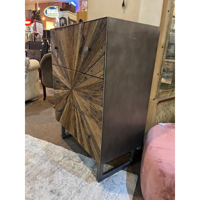 Rough-Hewn Wood Sunburst Cabinet With Metal Base For Sale - Image 4 of 7