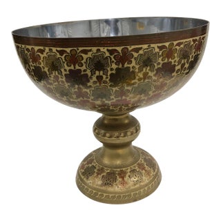 Vintage Persian Brass and Enamel Footed Bowl For Sale
