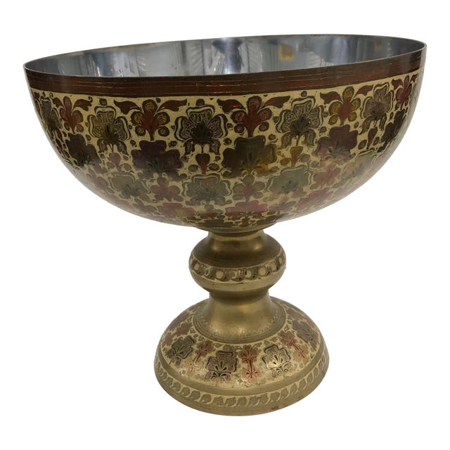 Vintage Persian Brass and Enamel Footed Bowl For Sale