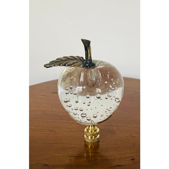 Vintage Art glass apple with bubbles and bronze leaves lamp finial.