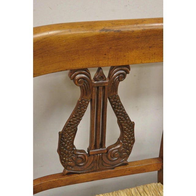 Wood Vintage Italian Neoclassical Cherry Wood Dolphin Lyre Carved Rush Seat Bench For Sale - Image 7 of 12