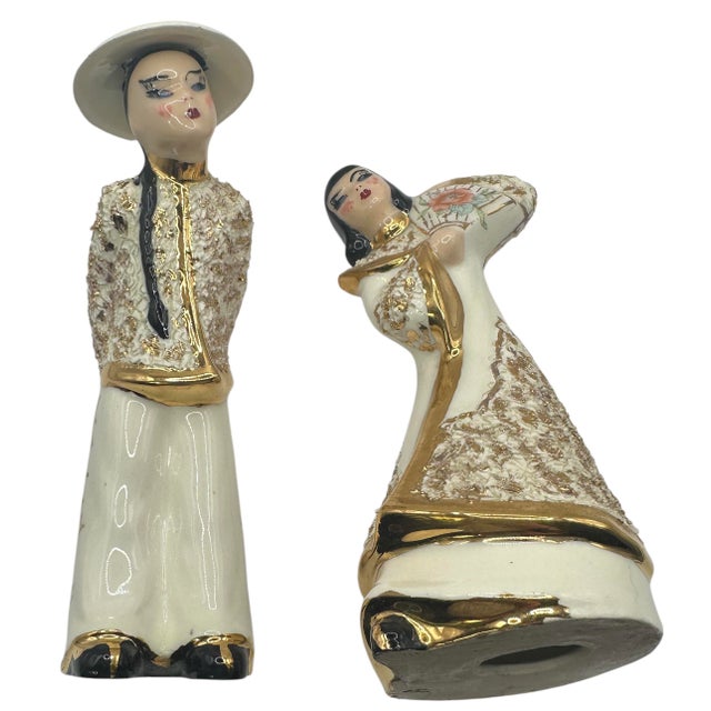 Vintage 1949 Asian Figurine Set – Hand-Painted White & Gold For Sale - Image 11 of 12
