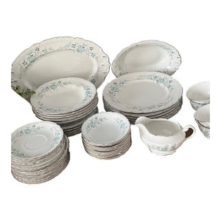 1950s English Traditional Royal Jackson Fine Bone China Dinner Service in Blue Floral Spray - 44 Pieces For Sale