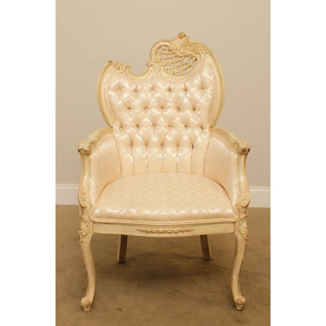 French French Louis XV Style Vintage Pair Cream Painted Tufted Fire Side Chairs For Sale - Image 3 of 13