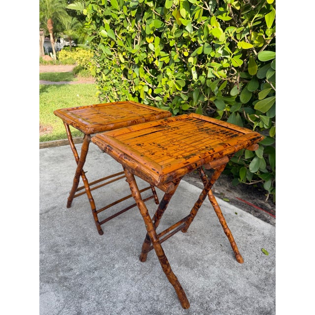 Vintage Burnt Bamboo Folding Tray Tables, a Pair For Sale - Image 4 of 10