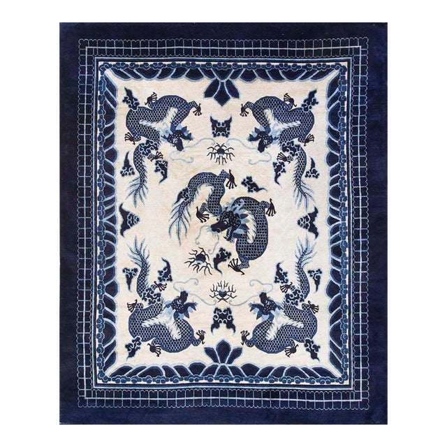 Phenomenal Ivory and Blue Color With Dragon Design Antique Chinese Peking Rug For Sale