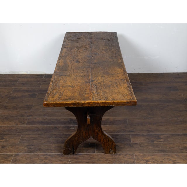 Italian 1800s Walnut Farm Table with Carved Legs, Stretcher and Weathered Patina For Sale - Image 10 of 12