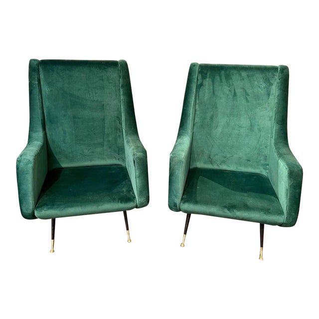 Pair of Italian Green Velvet Mid Century Modern Chairs For Sale