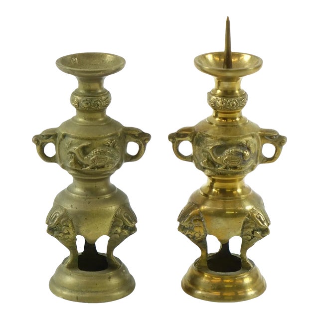 1960s Chinese Brass Candle Holders- a Pair For Sale