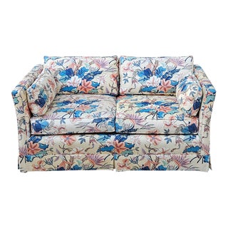 1970s Henredon Inspired Flared Tuxedo Loveseat With Exotic Tropical Floral Screen Print Fabric For Sale