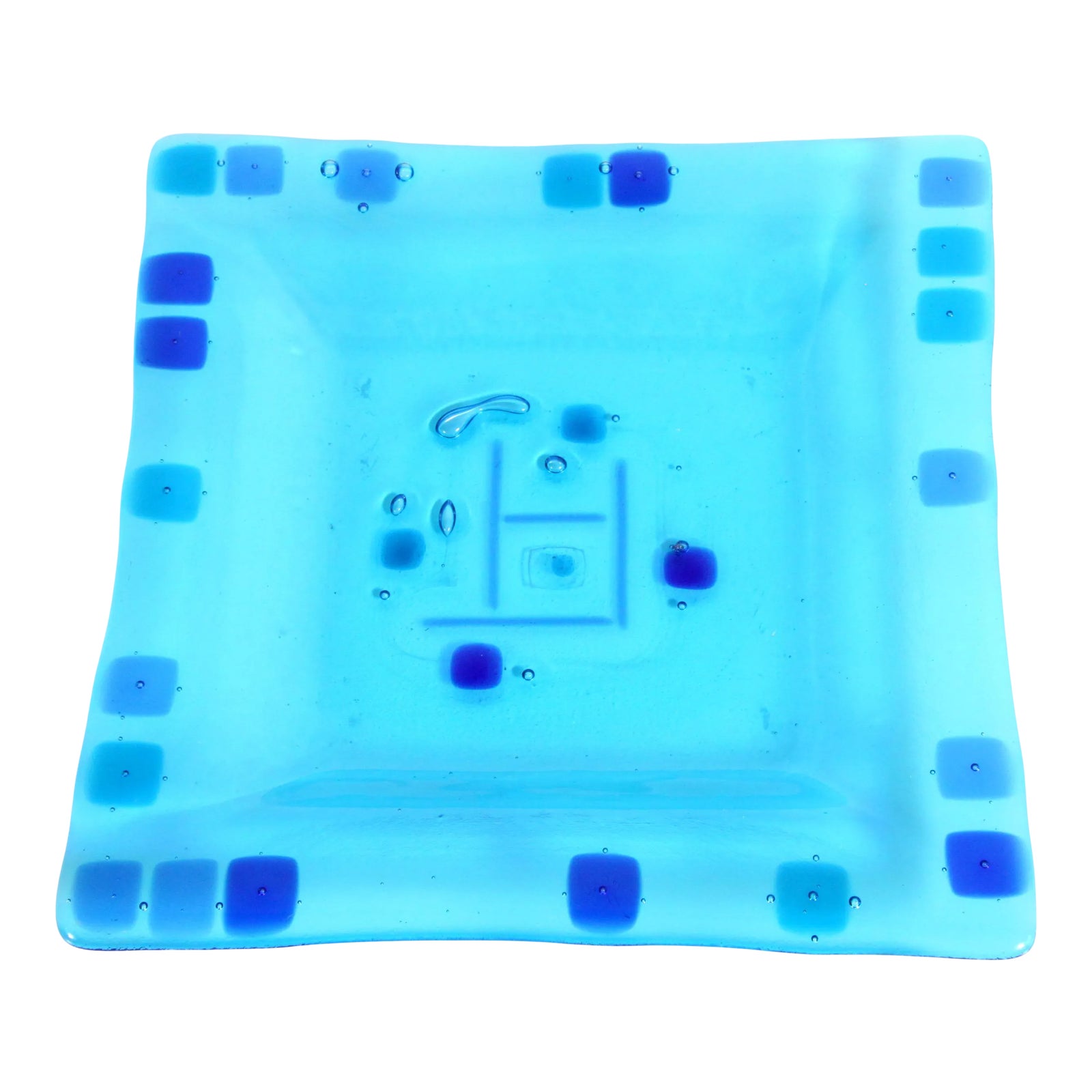 Mid Century Modern Blue Geometric Art Glass Plate Artist Signed Higgins Style