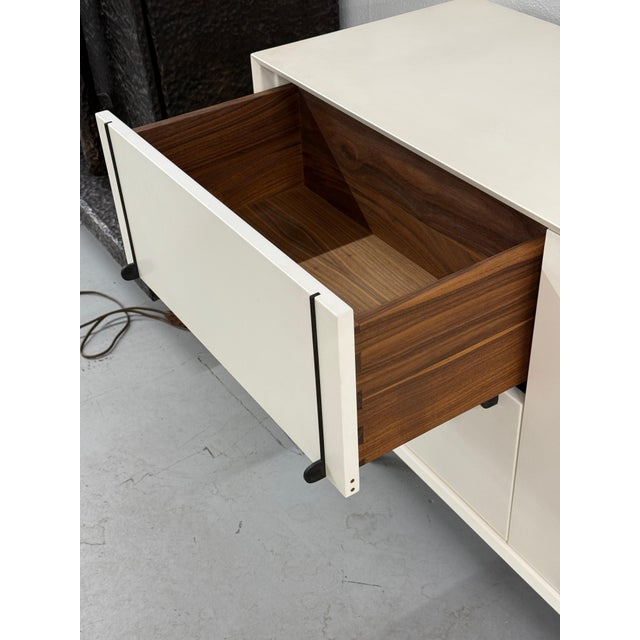 BDDW Lake Credenza White Lacquer Ebonized Hardware Walnut Interiors, Attributed For Sale - Image 15 of 18