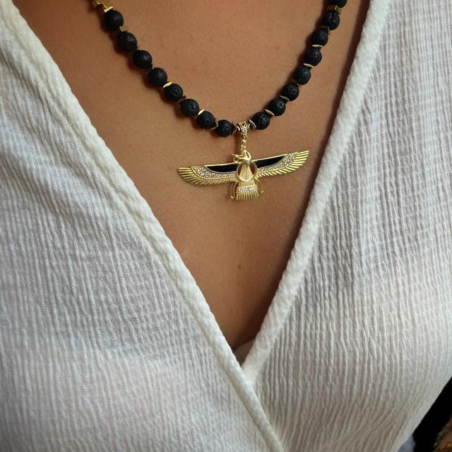 Contemporary Guidance Faravahar Symbol Pendant Black Beaded Necklace For Sale - Image 3 of 11