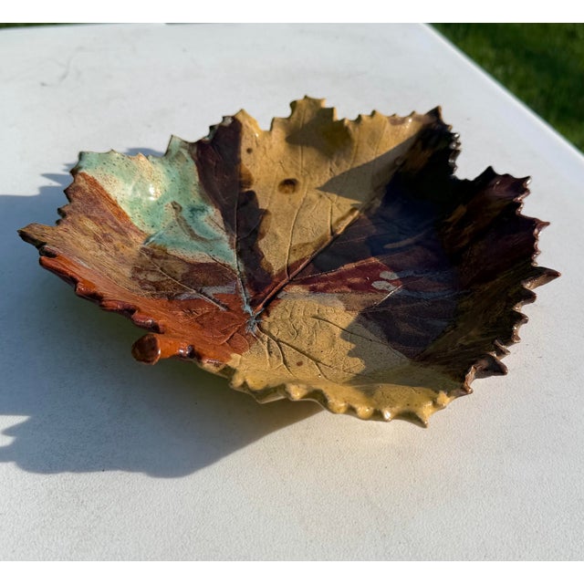 Brown Signed Studio Pottery Leaf Form Decorative Dish For Sale - Image 8 of 10