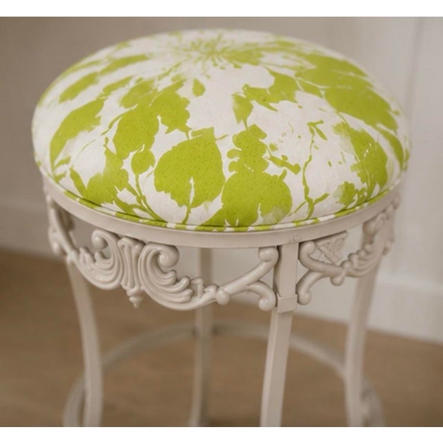 Contemporary Summer Ivory & Lime Iron Scroll Upholstered Counter Stools (Set of 3) For Sale - Image 3 of 11