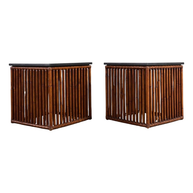 Pair of McGuire Bamboo Cube Granite Top Drinks Tables For Sale