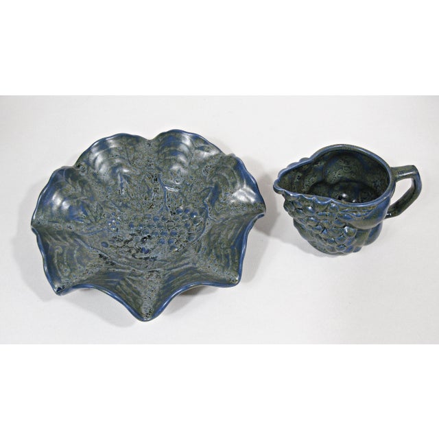 1970s Vintage Blue Glazed Ceramic Creamer and Leaf Dish Set For Sale - Image 5 of 11