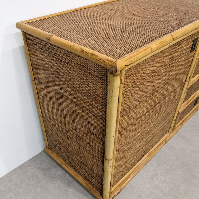 Light Yellow Vintage Rattan and Bamboo Low Sideboard, Italy, 1970 For Sale - Image 8 of 10