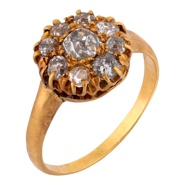 Late 19th Century Victorian Old Mine Cut Diamond 18k Gold Cluster Ring, Size 7.5 For Sale