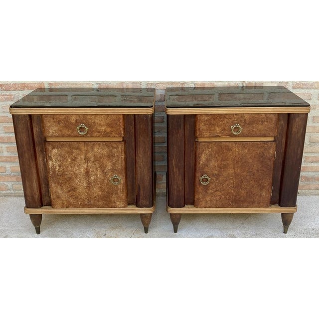 Italian Walnut and Beech Wood Nightstands with Black Glass, 1940s, Set of 2 For Sale - Image 6 of 16