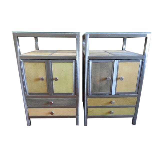 Contemporary Pair of Venezia Furniture Industrial Modern Steel & Stained Wood Nightstands / End Tables With Glass Tops For Sale - Image 3 of 16