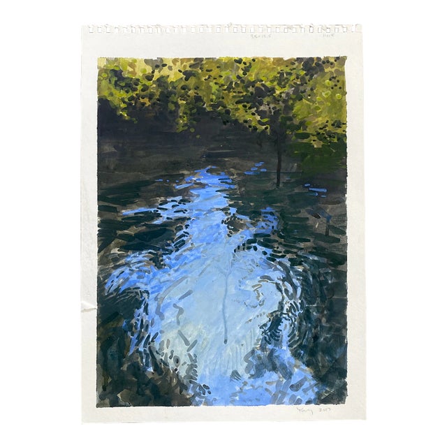 Impressionist Style Painting of Moving Water on Paper by Bryan Young For Sale