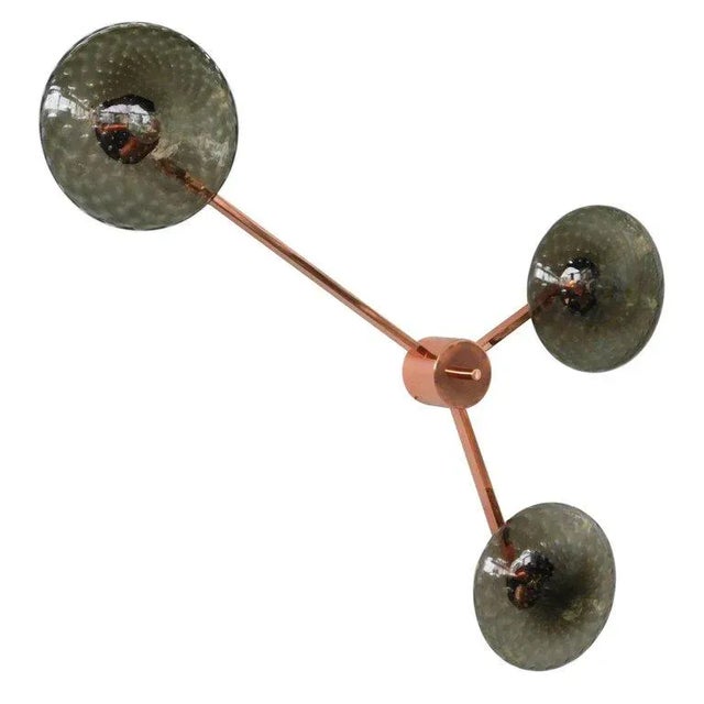 Italian flush mount with three smoky Murano glass shades carefully hand blown with bubbles inside the glass using...