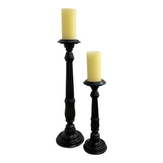 Global Views Ebony Wood Candle Holders, Set of Two For Sale