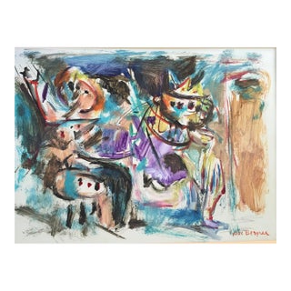 Yosl Bergner, Rare Israeli Modernist Figurative Abstract Gouache Painting For Sale