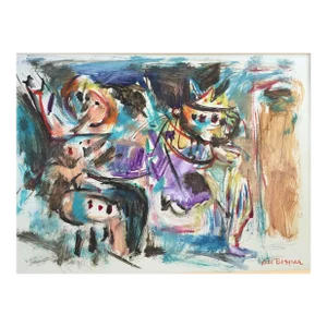 Yosl Bergner, Rare Israeli Modernist Figurative Abstract Gouache Painting