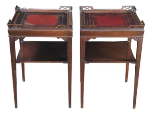 2 Superior Table Mid Century Mahogany Tiered Tooled Leather Side Tables Stands